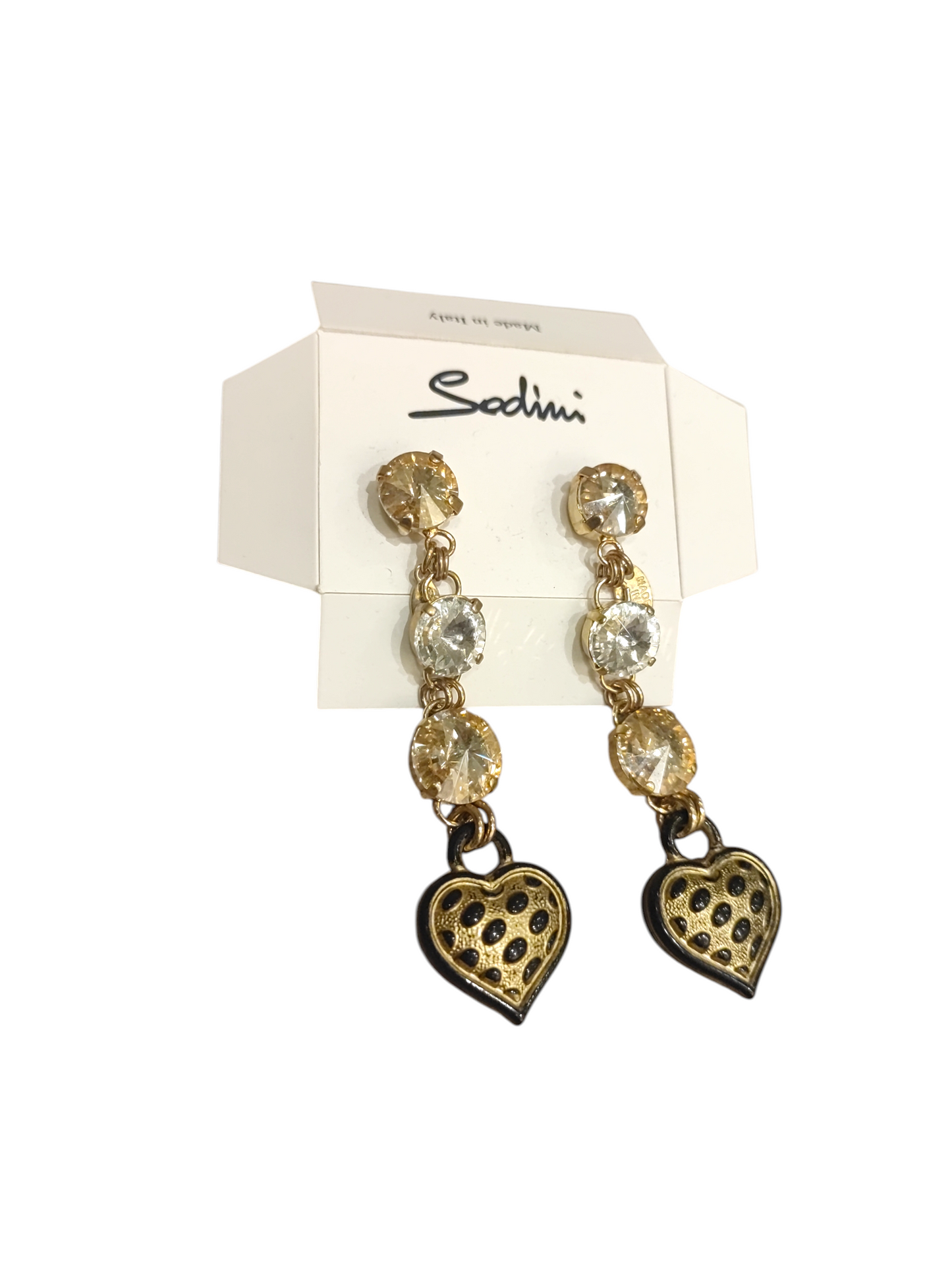 Orecchini Sodini a cuore con pietre bianche e dorate pendenti